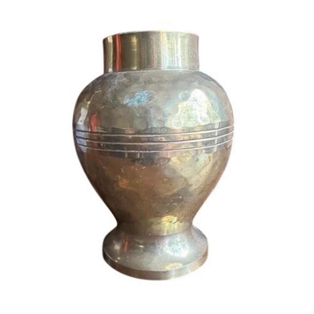 Vintage Hammered Brass Vase Urn Style Etched Banding Heavy Patina 6 Inch